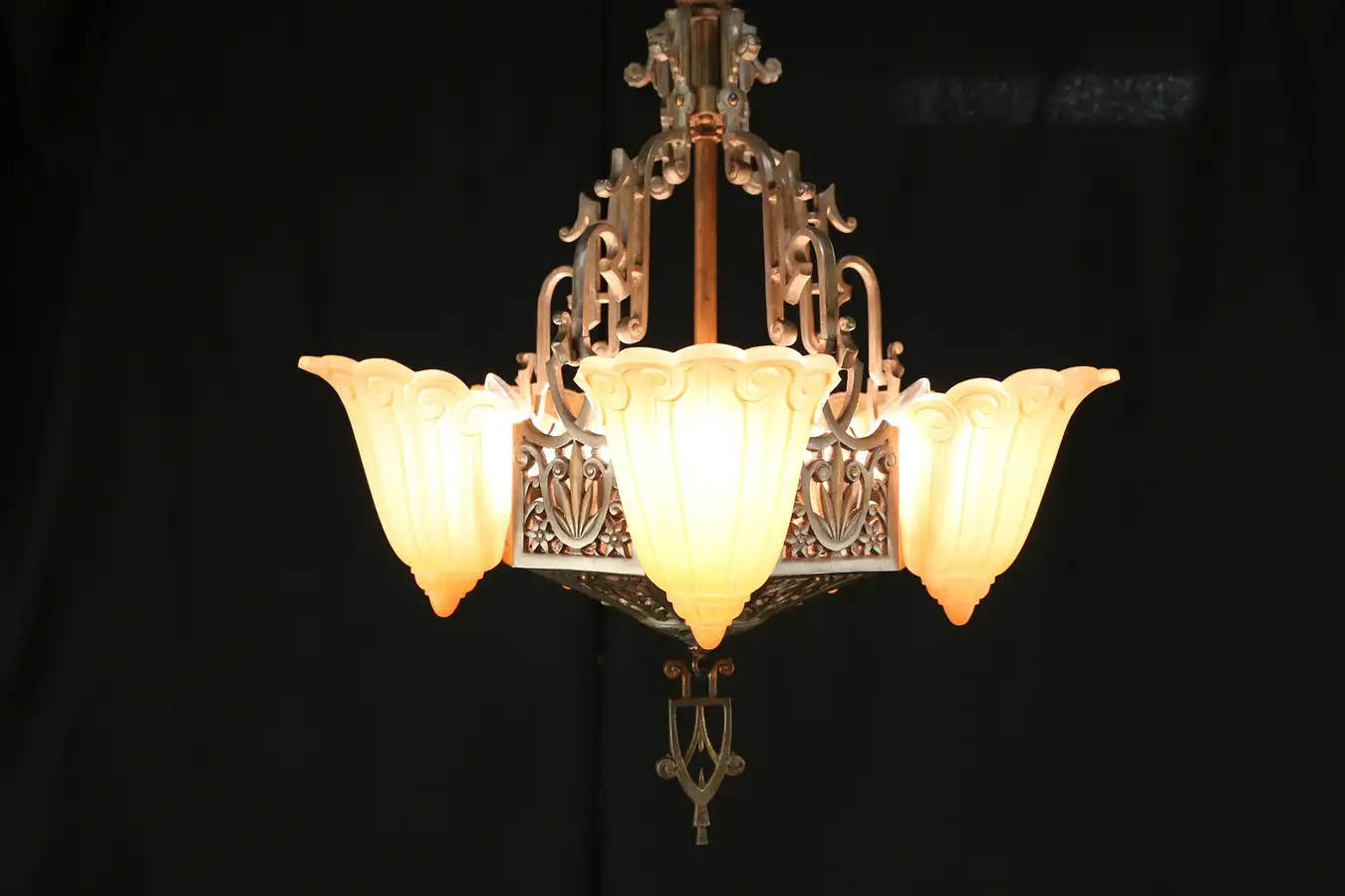Main image of Art Deco Vintage Lincoln Chandelier 5 Light Fixture, Fleur de Lis Shades