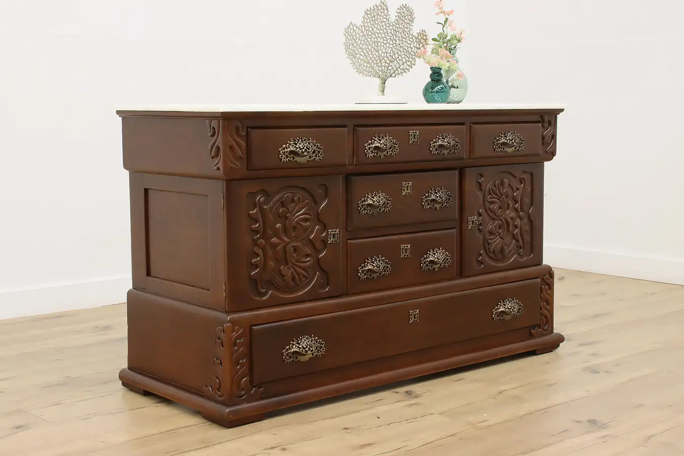 Main image of Victorian Antique Carved Oak Sideboard or Console, Onyx Top