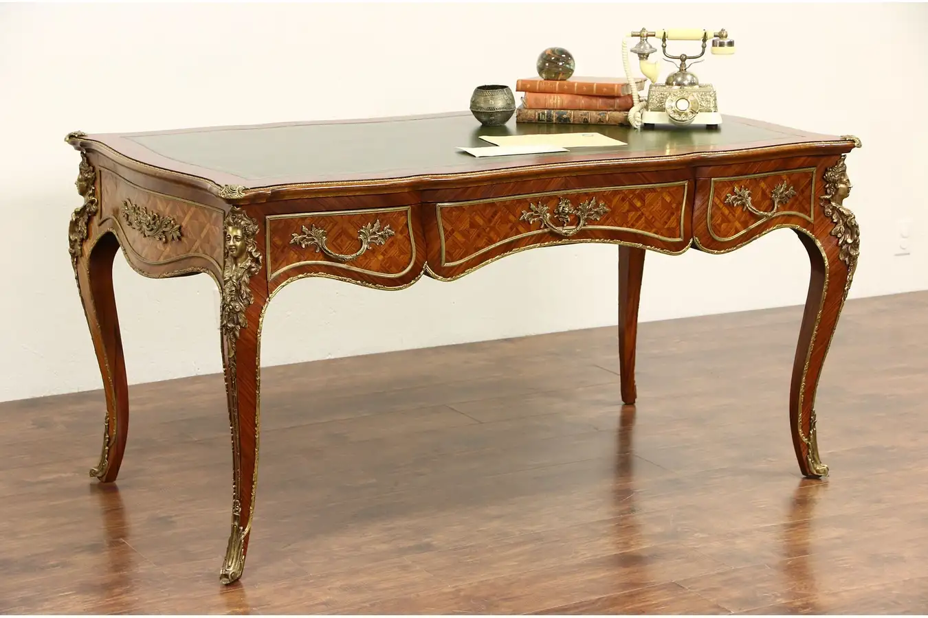 Main image of French Tulipwood Vintage Bureau Plat Writing Desk, Leather & Brass Mounts