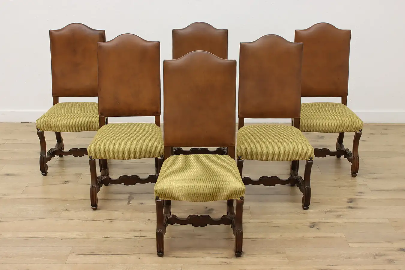 Main image of Set of 6 Spanish Colonial Leather Back Carved Dining Chairs