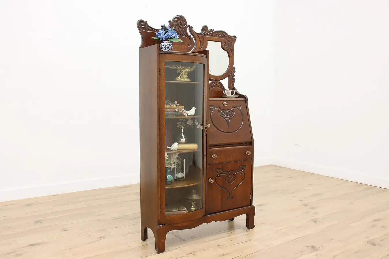 Main image of Victorian Antique Carved Oak Secretary Desk & Bookcase