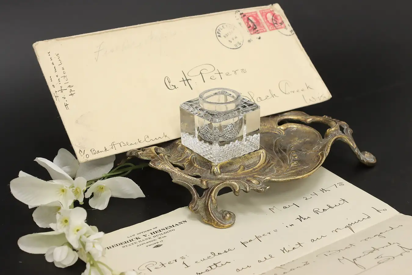 Main image of Classical Antique Brass Office or Library Desktop Inkwell