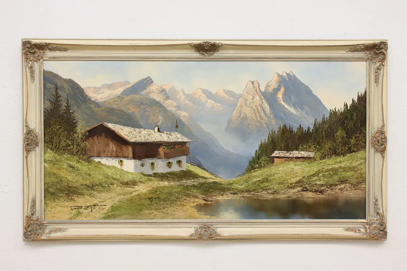 Main image of Bavarian Homestead Vintage Original Oil Painting Moser, 54"