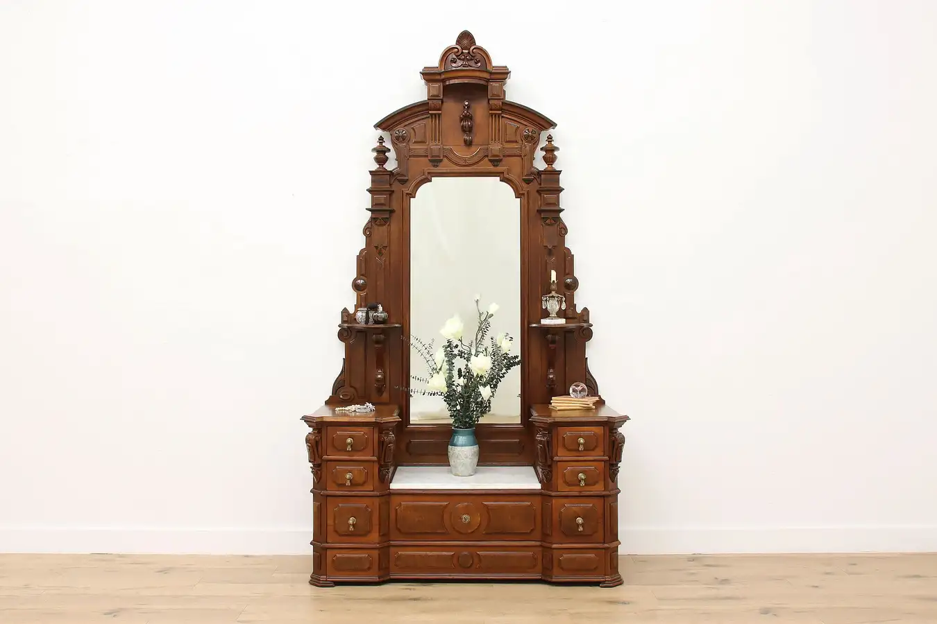 Main image of Victorian Antique Carved Walnut & Burl Dresser Secret Drawer