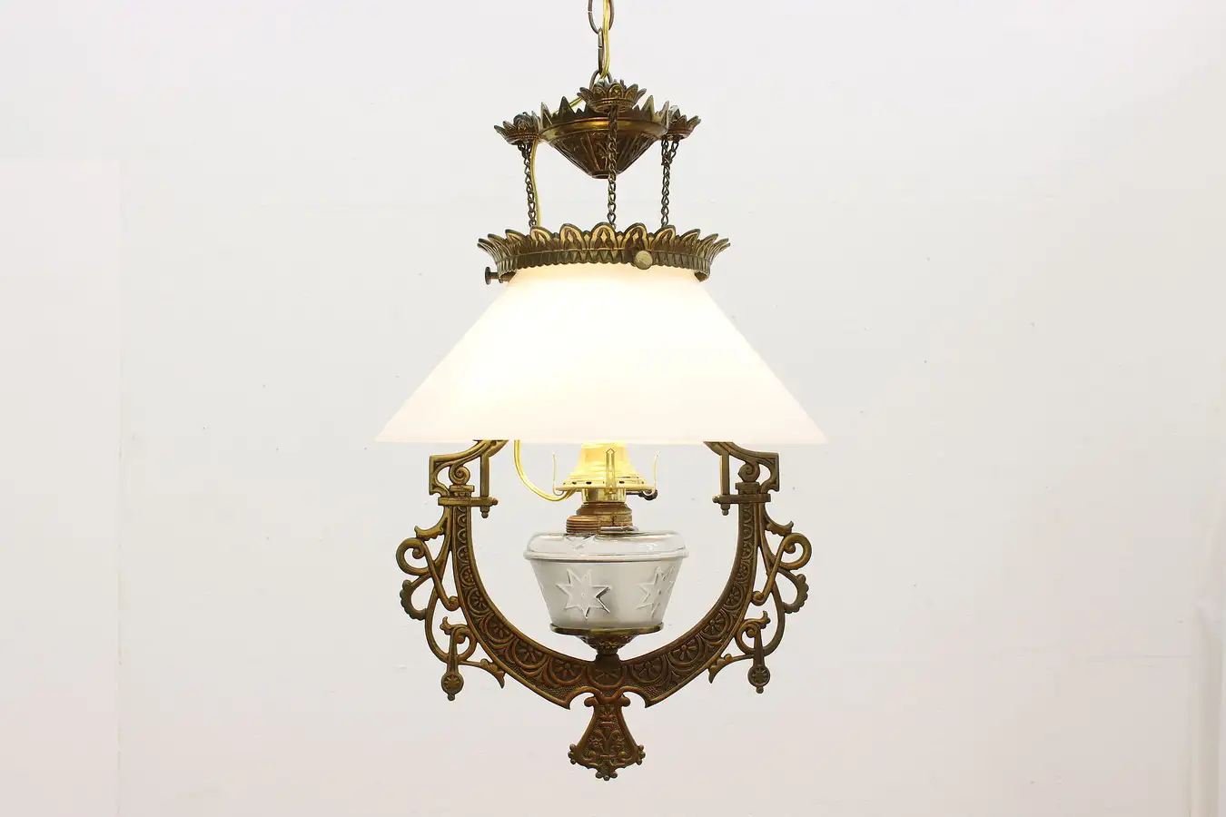 Main image of Victorian Antique Brass & Glass Shade Hanging Lamp, B&H