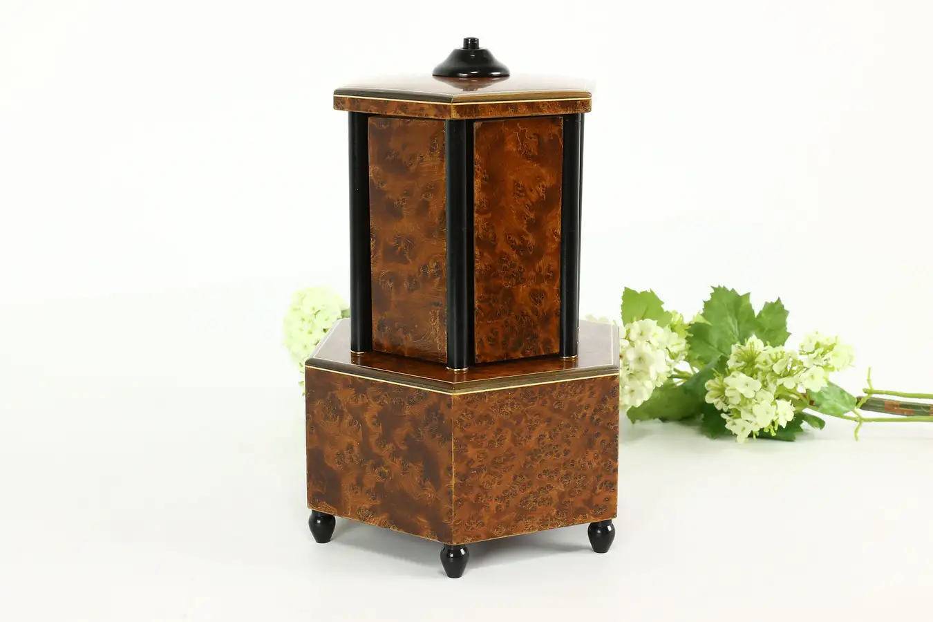 Main image of Art Deco Vintage Burl Swiss Music Box & Cigarette, Lipstick Dispenser