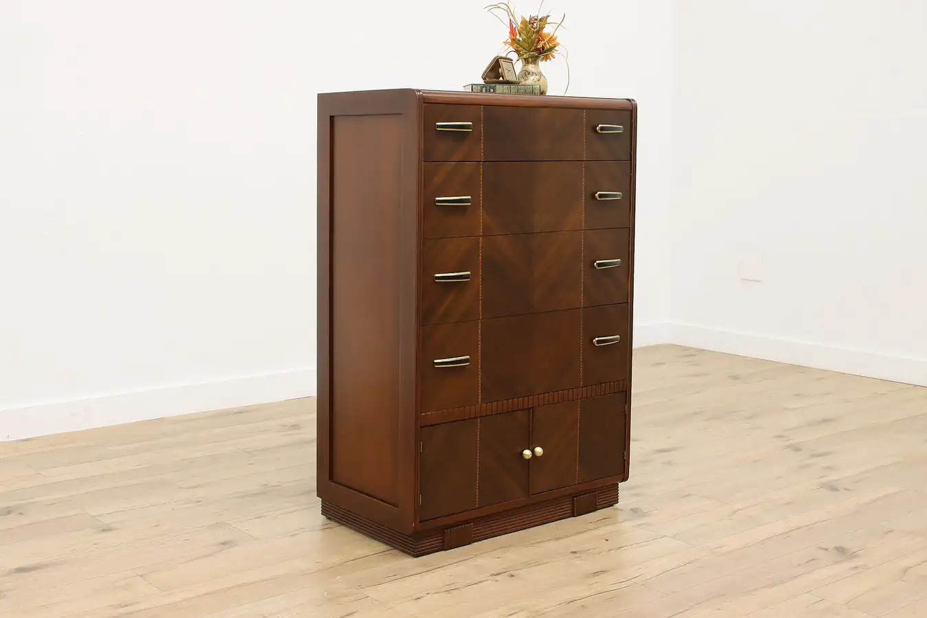 Main image of Art Deco Vintage Walnut Tall Chest or Dresser w/ Inlay