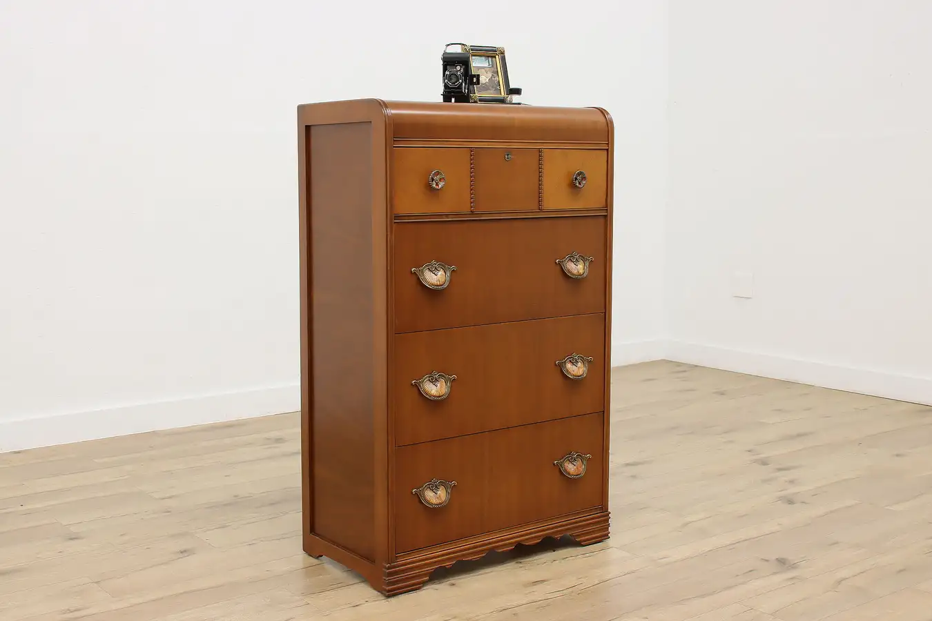 Main image of Art Deco Waterfall Vintage Walnut & Bakelite Chest Dresser