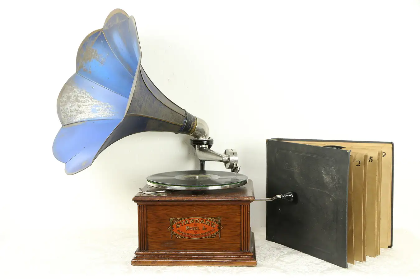 Main image of Standard Model A Antique Oak Phonograph, Morning Glory Horn, Records