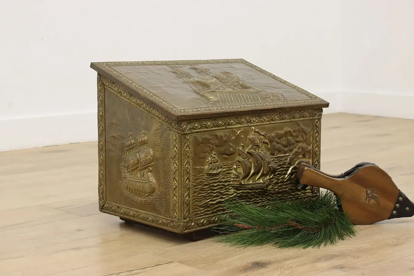 Main image of Brass Clad Vintage Fireplace Kindling or Boot Chest Peerage