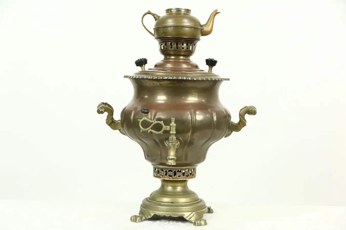 Main image of Russian Antique Copper & Brass Signed Samovar Tea Kettle with Tea Pot