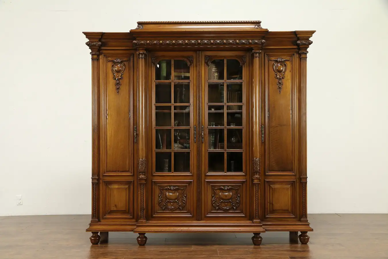 Main image of French Antique Carved Walnut 4 Door Library Bookcase, Secret Compartment