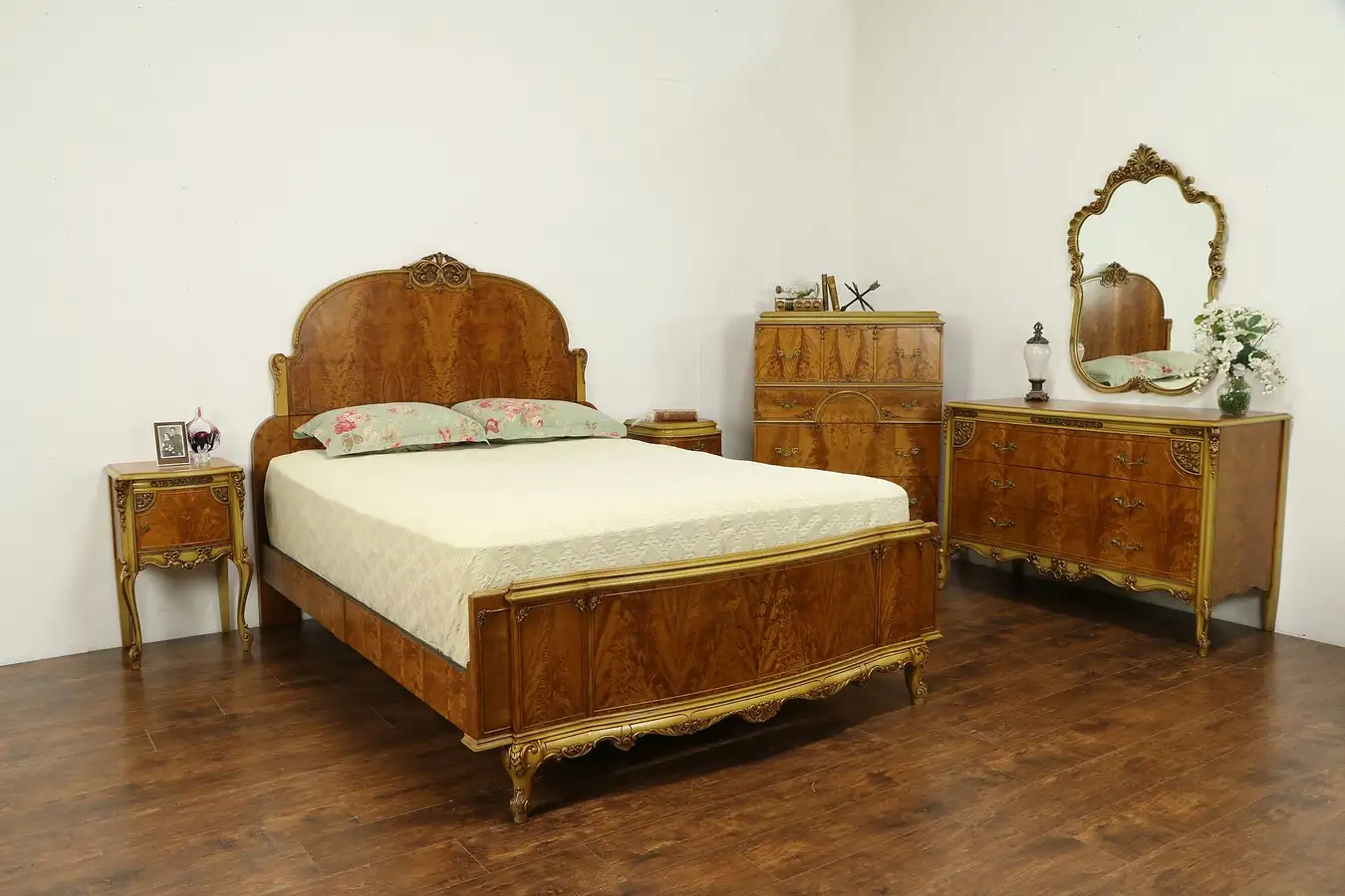 Main image of French Style Vintage Satinwood & Hand Painted Queen Size 6 Pc Bedroom Set