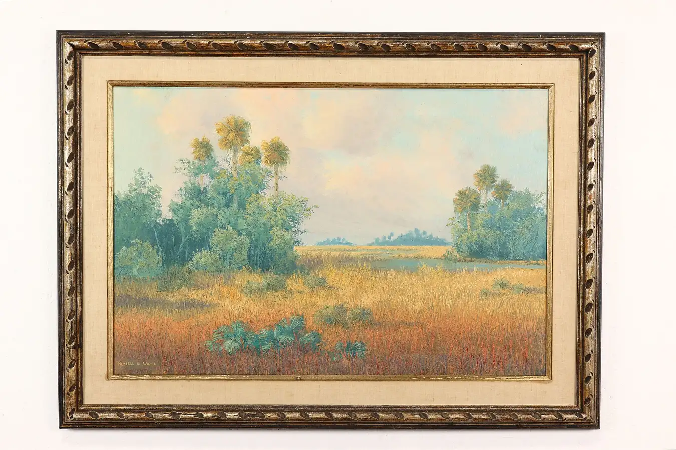Main image of Meadow with Palm Trees Original Vintage Oil Painting, White 44.5"