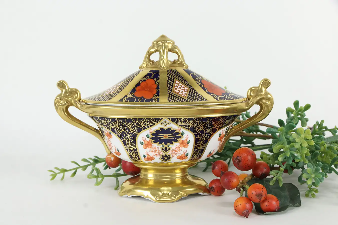 Main image of Traditional Imari Royal Crown Derby Covered Oval Footed Bowl