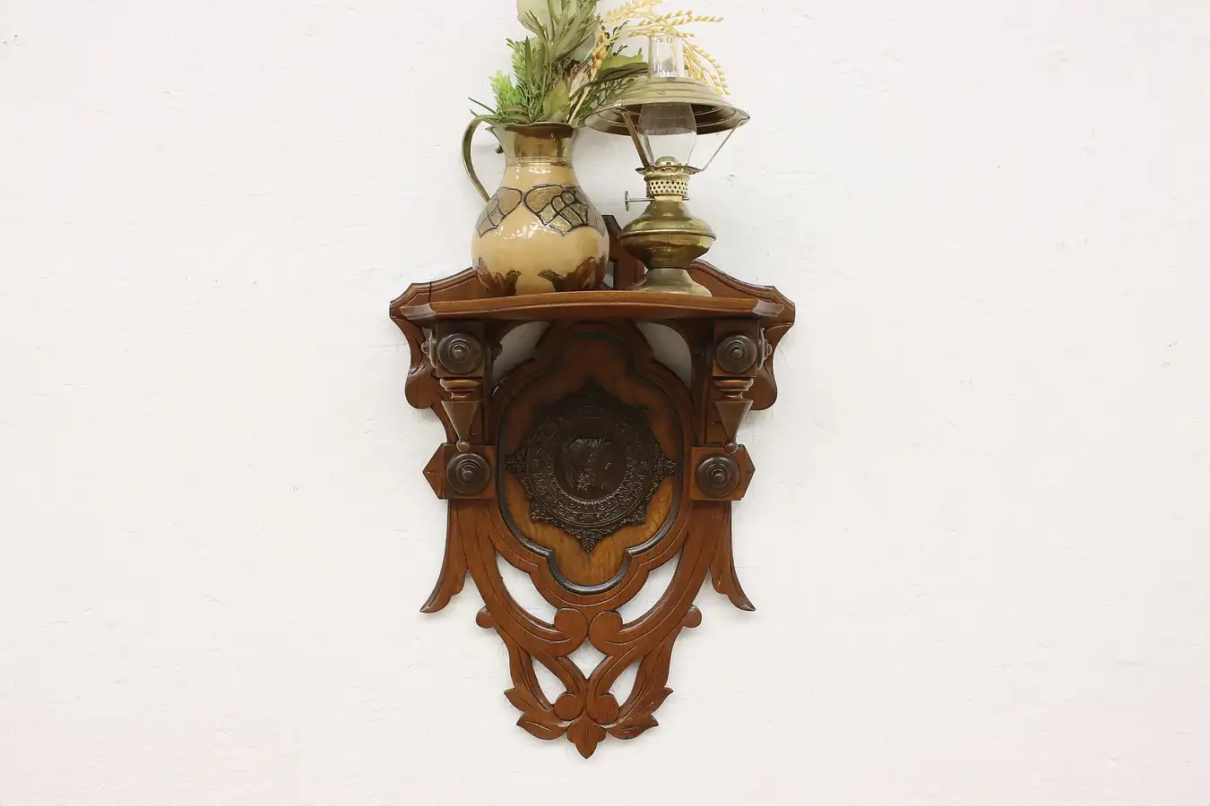 Main image of Victorian Carved Walnut & Ash Wall Shelf, Classical Woman
