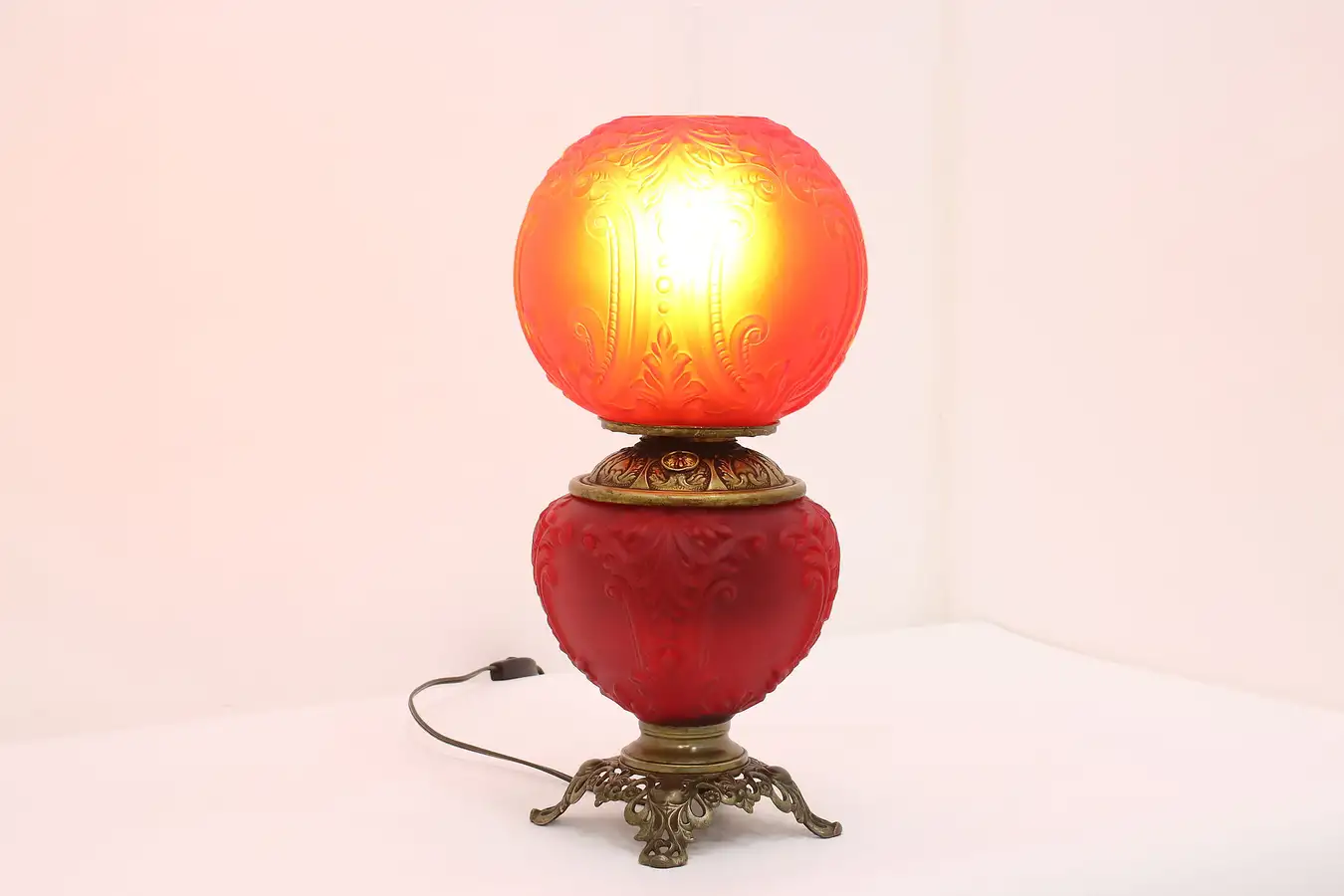 Main image of Victorian Antique Ruby Satin Glass Shade & Brass Table Lamp