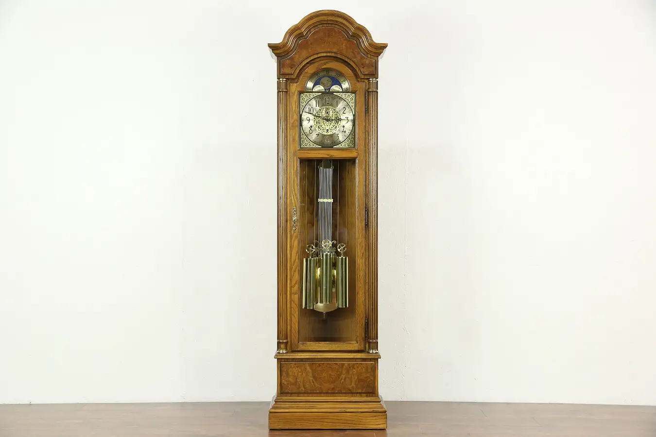 Main image of Oak & Burl Long Case Grandfather Clock, Westminster Chime, Howard Miller