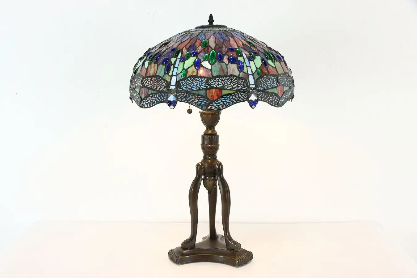 Main image of Tiffany Design Stained Glass Dragonfly Vintage Bronze Lamp