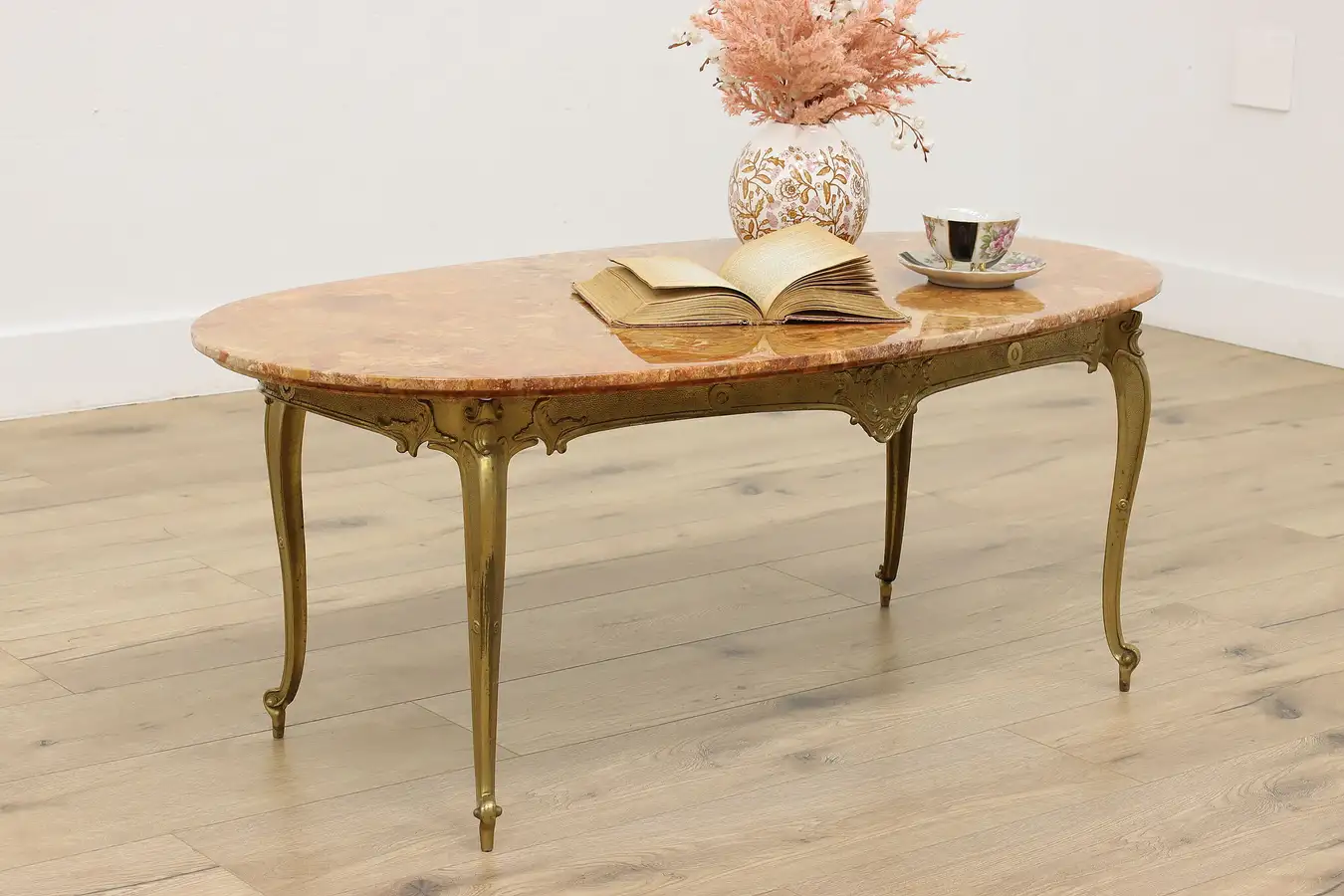 Main image of French Vintage Brass Coffee Table Oval Onyx Top