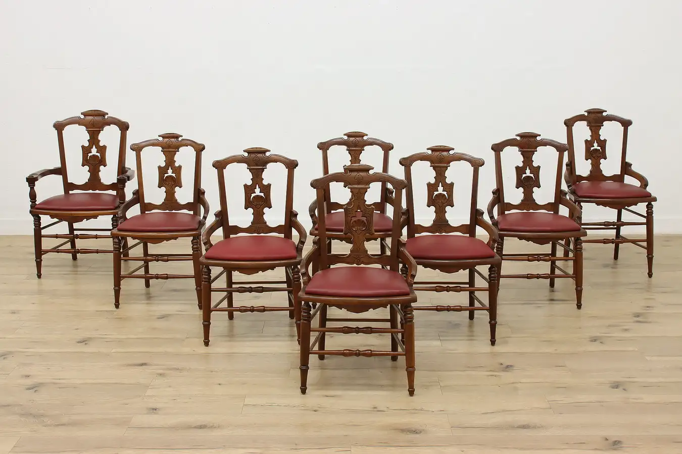 Main image of Set 8 Antique Victorian Carved Walnut Dining Chairs, Leather
