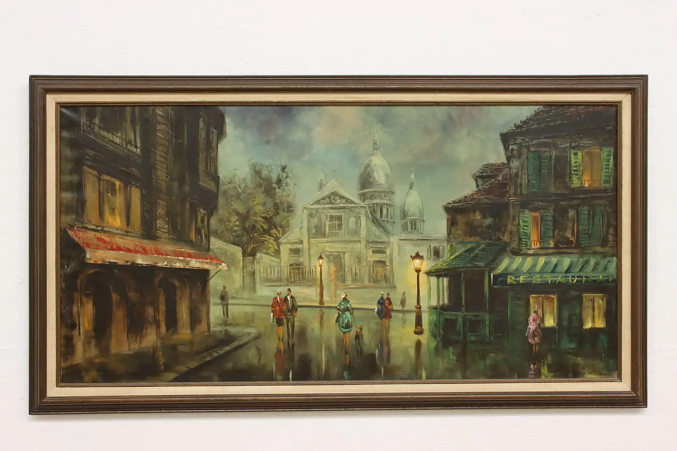 Main image of Evening Cityscape Vintage Original Oil Painting Narow 53"