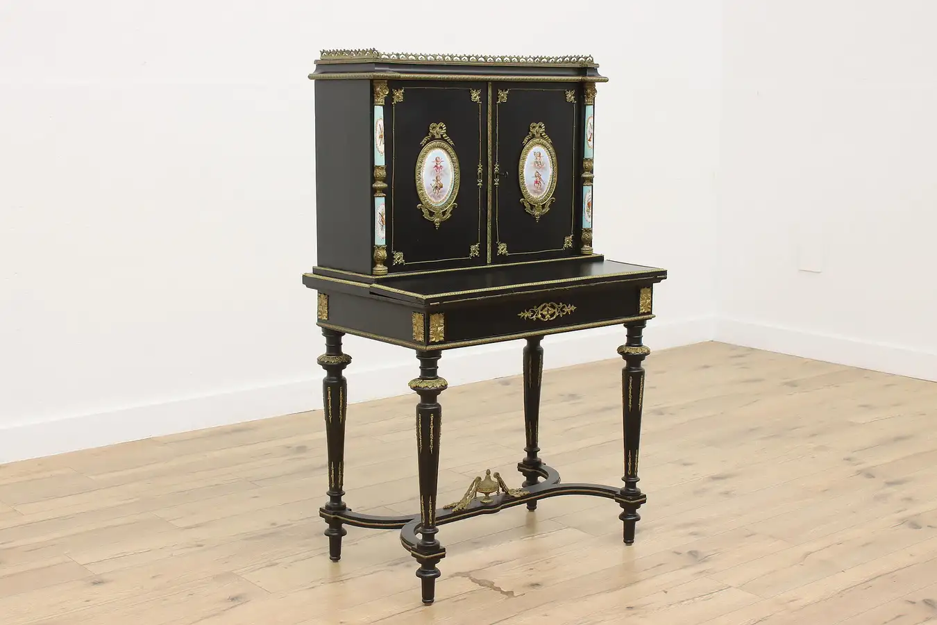 Main image of French Antique Ebonized & Porcelain Office or Library Desk