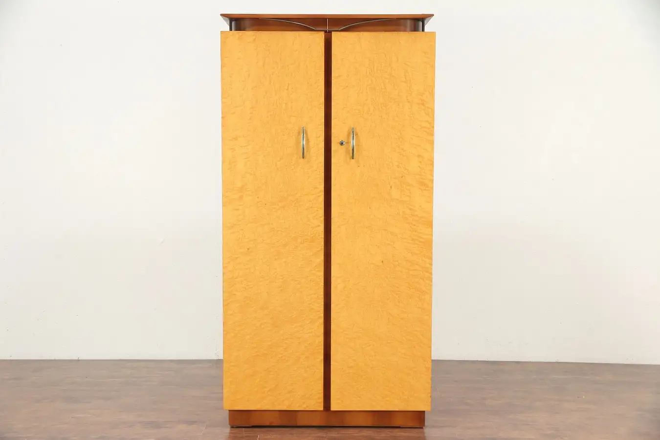 Main image of Midcentury Modern Birdseye Curly Maple English Vintage Armoire Wardrobe