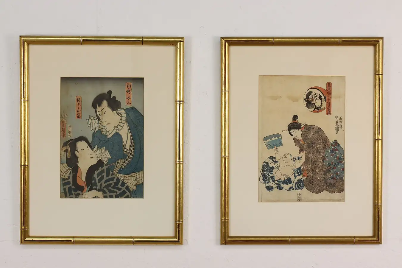 Main image of Pair of Japanese Antique Ukiyo-e Style Woodblock Prints 23"
