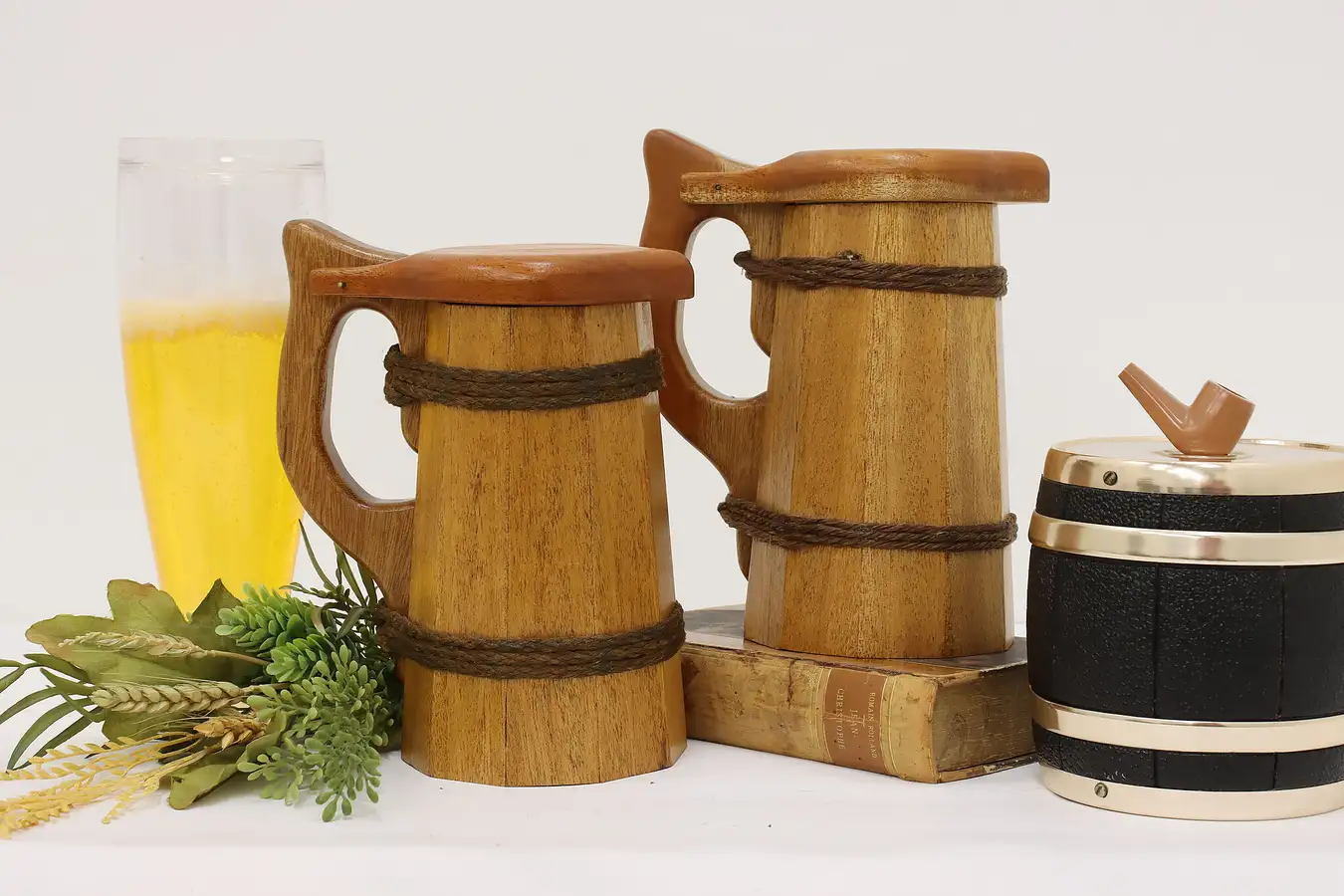 Main image of Pair of Farmhouse Vintage Mahogany Beer Steins or Tankards