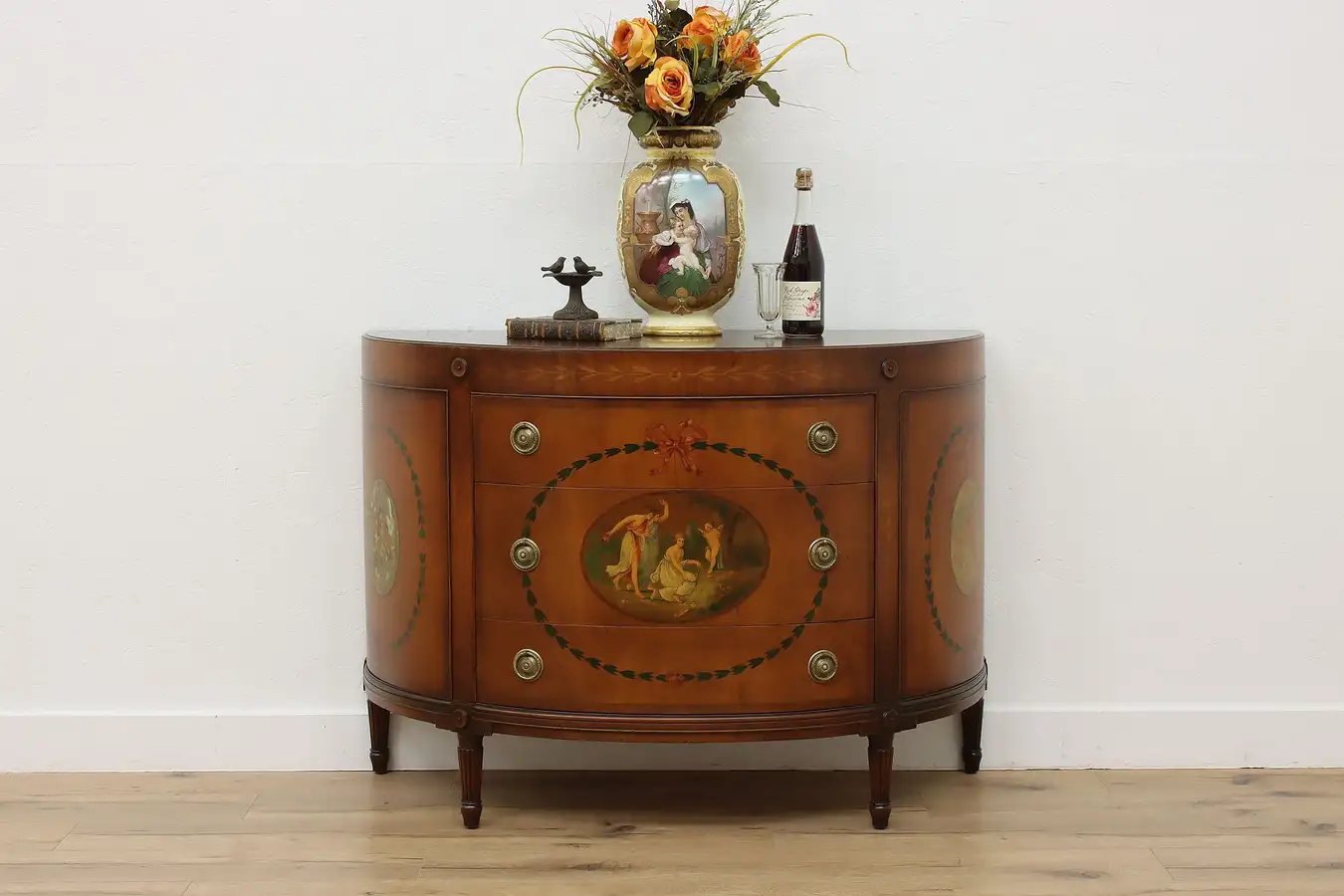 Main image of French Design Antique Painted Walnut Demilune Cupid Century