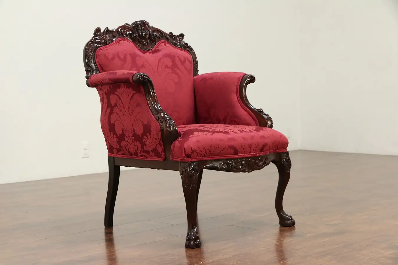 Main image of Mahogany Antique Chair with Carved Face, New Upholstery, Karpen