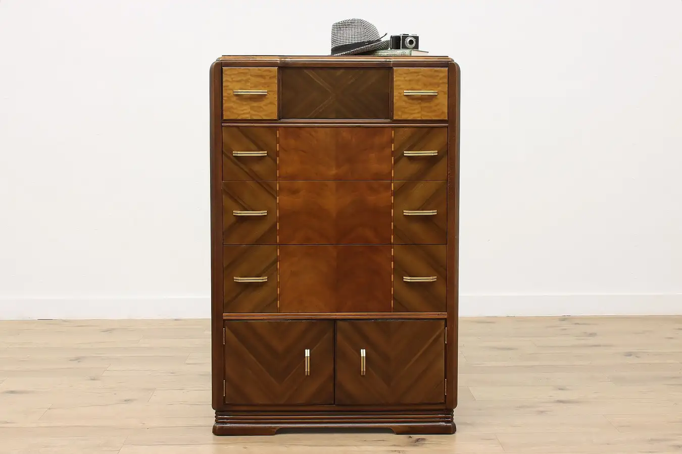 Main image of Art Deco Vintage Walnut Tall Dresser or Chest, Brass Pulls