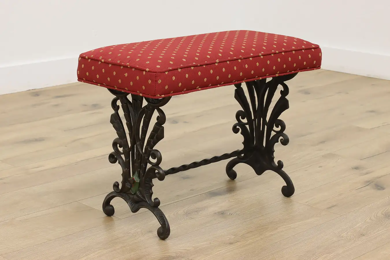 Main image of Art Deco Antique Red Upholstery Cast Iron Boudoir Bench