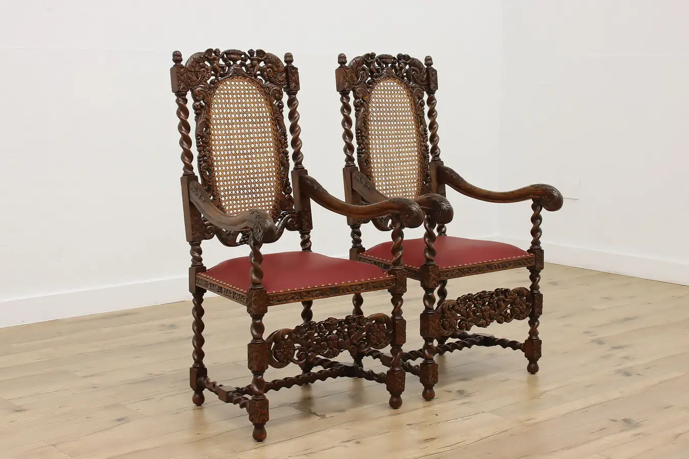 Main image of Pair of Renaissance Antique Oak & Leather Chairs, Cherubs