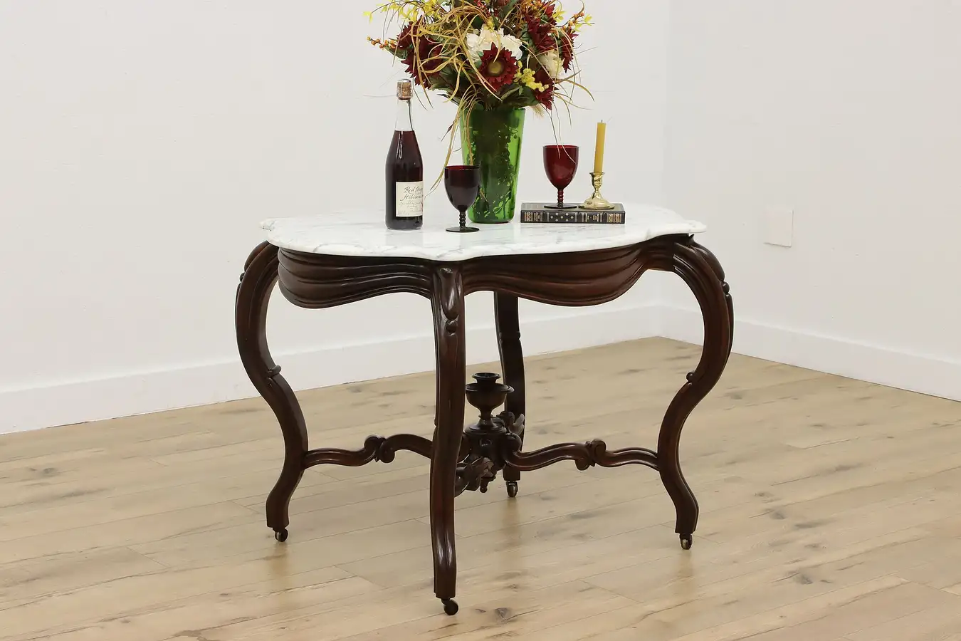 Main image of Victorian Antique Carved Rosewood Table, Marble Top