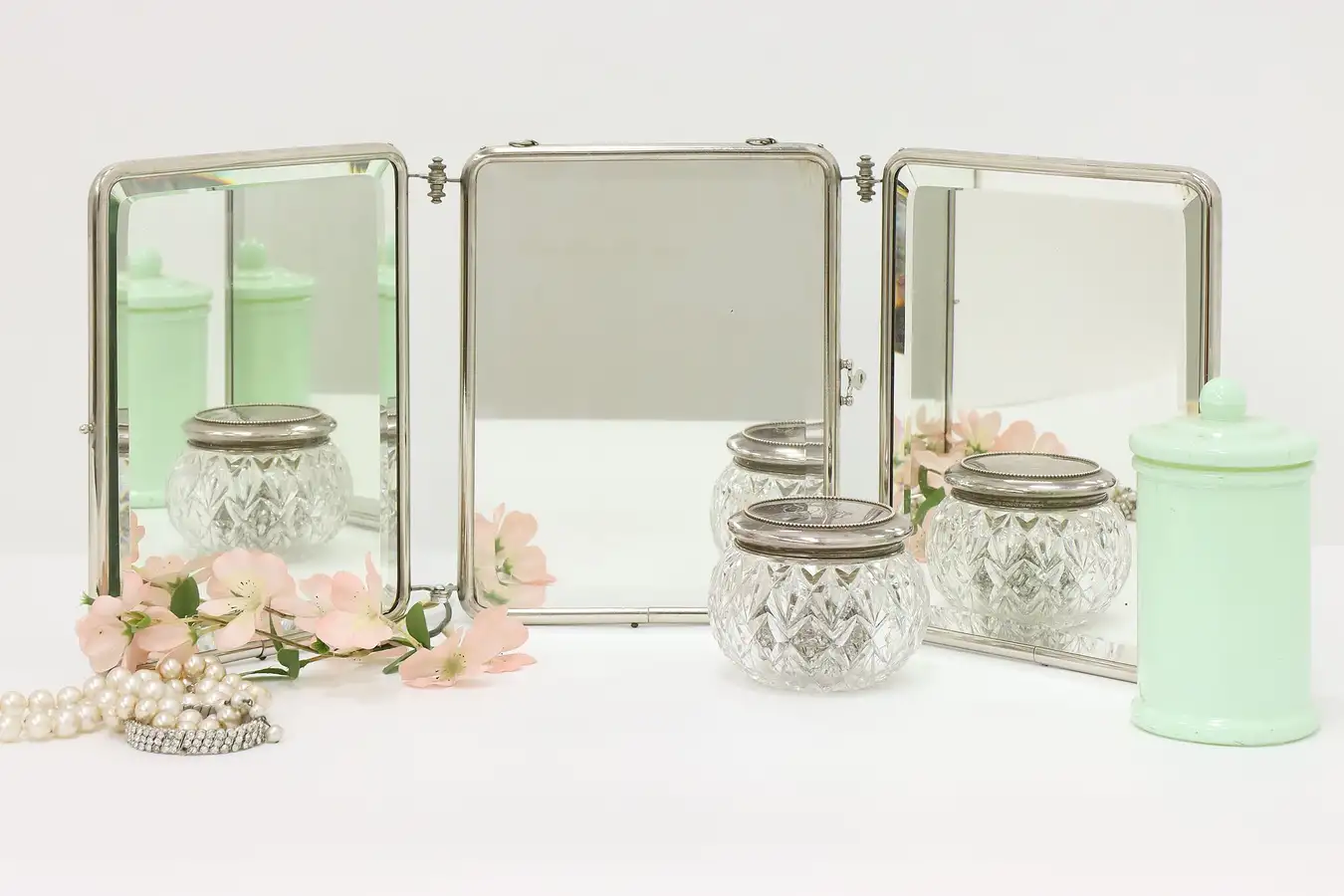 Main image of Barber Antique Nickel Folding Triple Wall or Tabletop Mirror