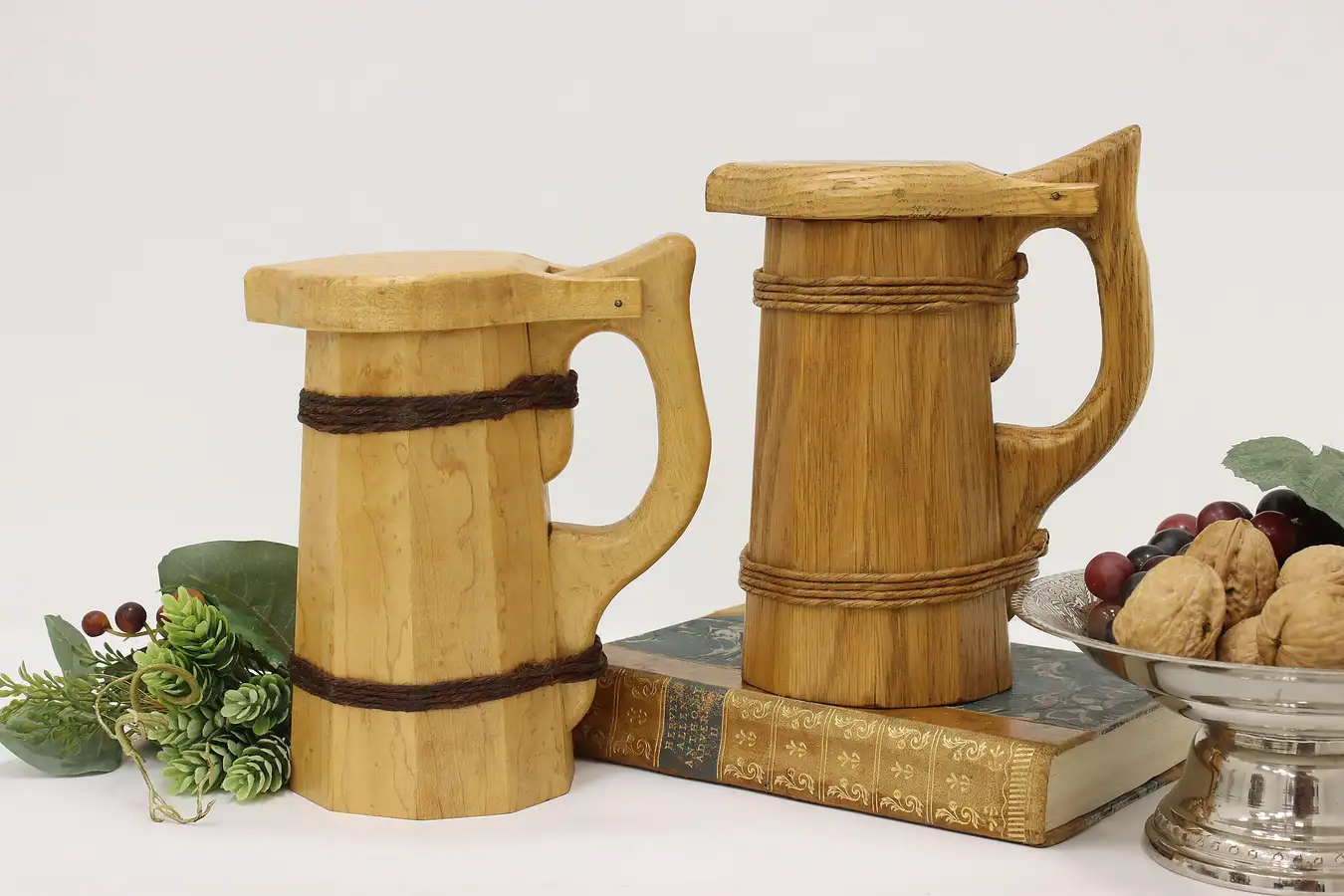 Main image of Pair of Farmhouse Vintage Maple Oak Beer Steins Tankards HV