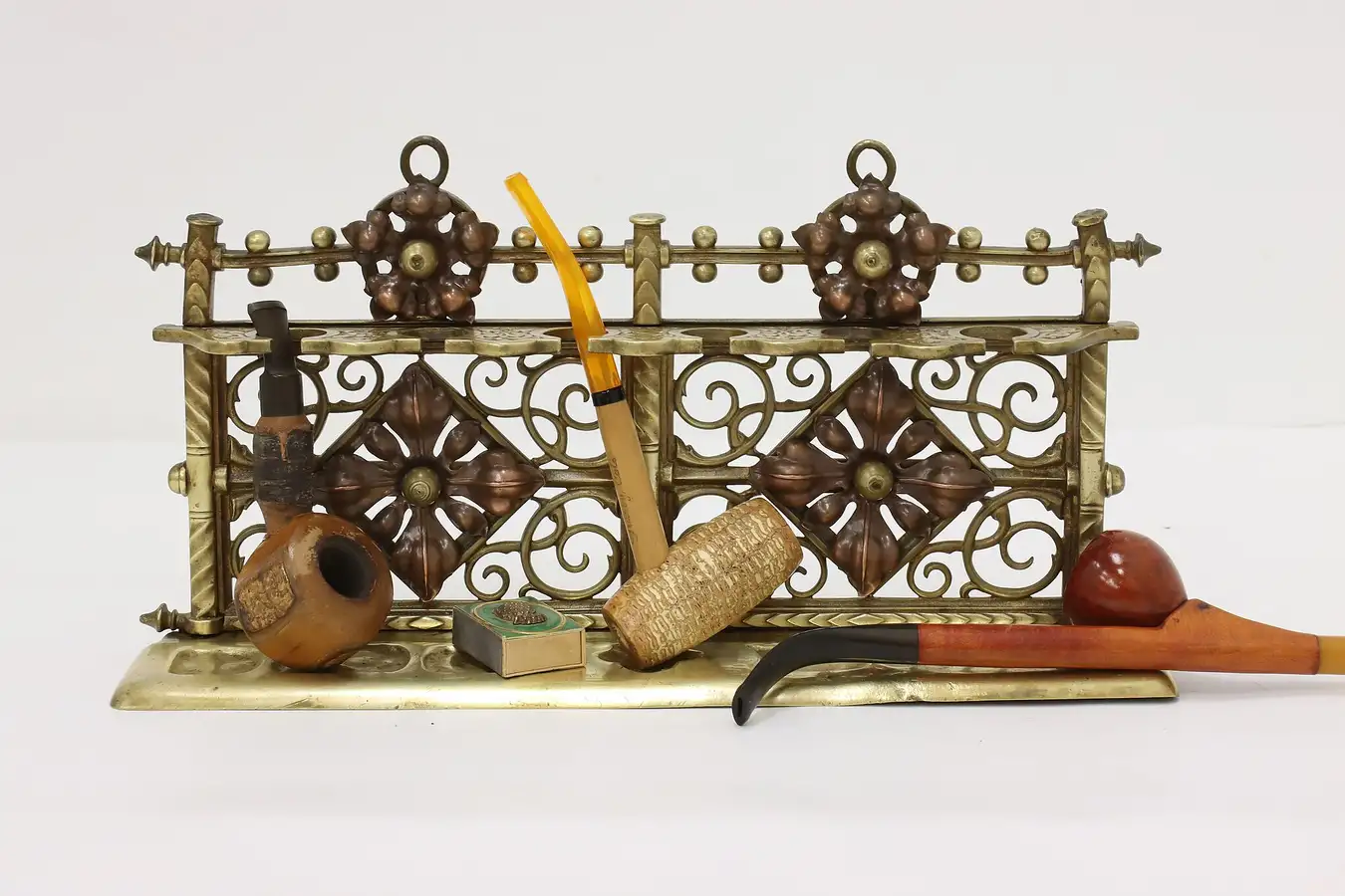 Main image of Victorian Antique Brass Pipe Rack Stand & Match Holder