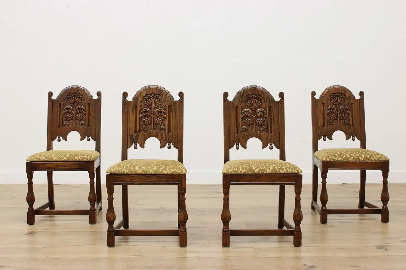 Main image of Set of 4 Tudor Antique Carved Oak Dining Chairs, Jamestown