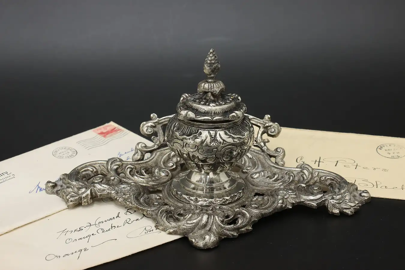 Main image of Victorian Silverplate Antique Library Desktop Inkwell