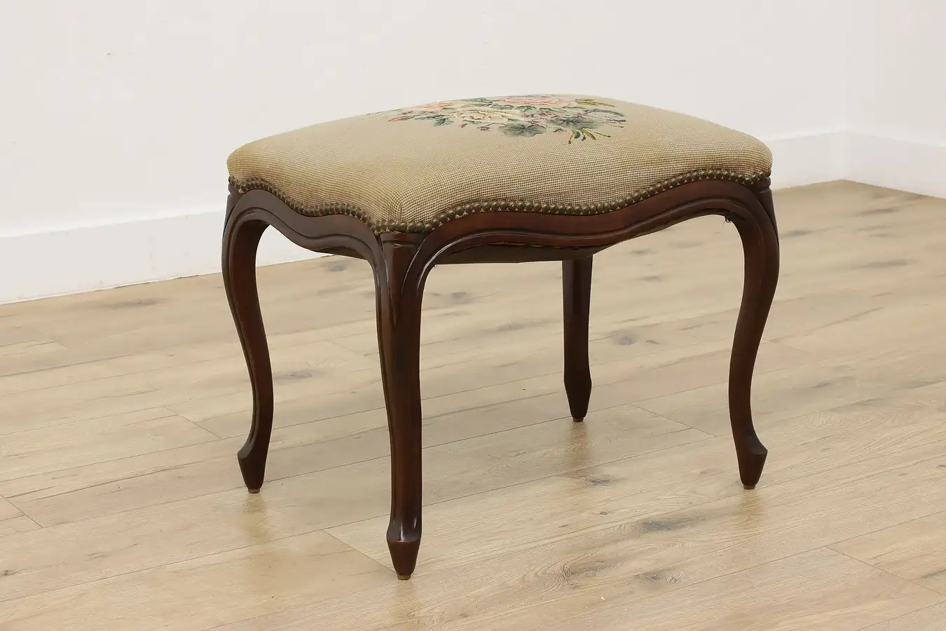 Main image of French Antique Carved Walnut Needlepoint Bench or Stool