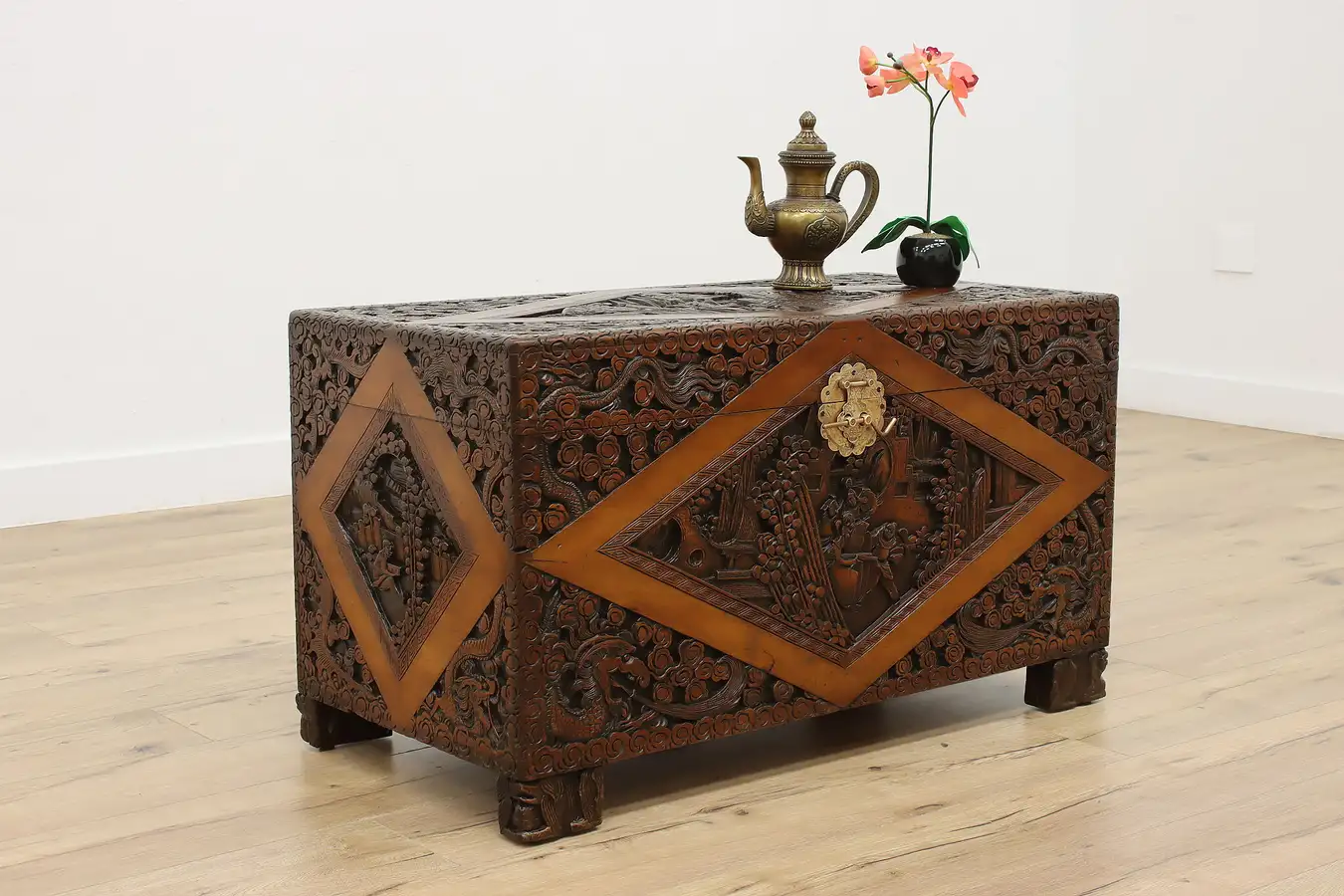 Main image of Chinese Vintage Carved Teak Blanket Chest or Trunk, Dragons