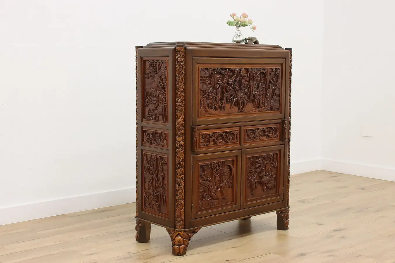 Main image of Chinese Vintage Teak Secretary Desk, Dragons, Secret Cubby