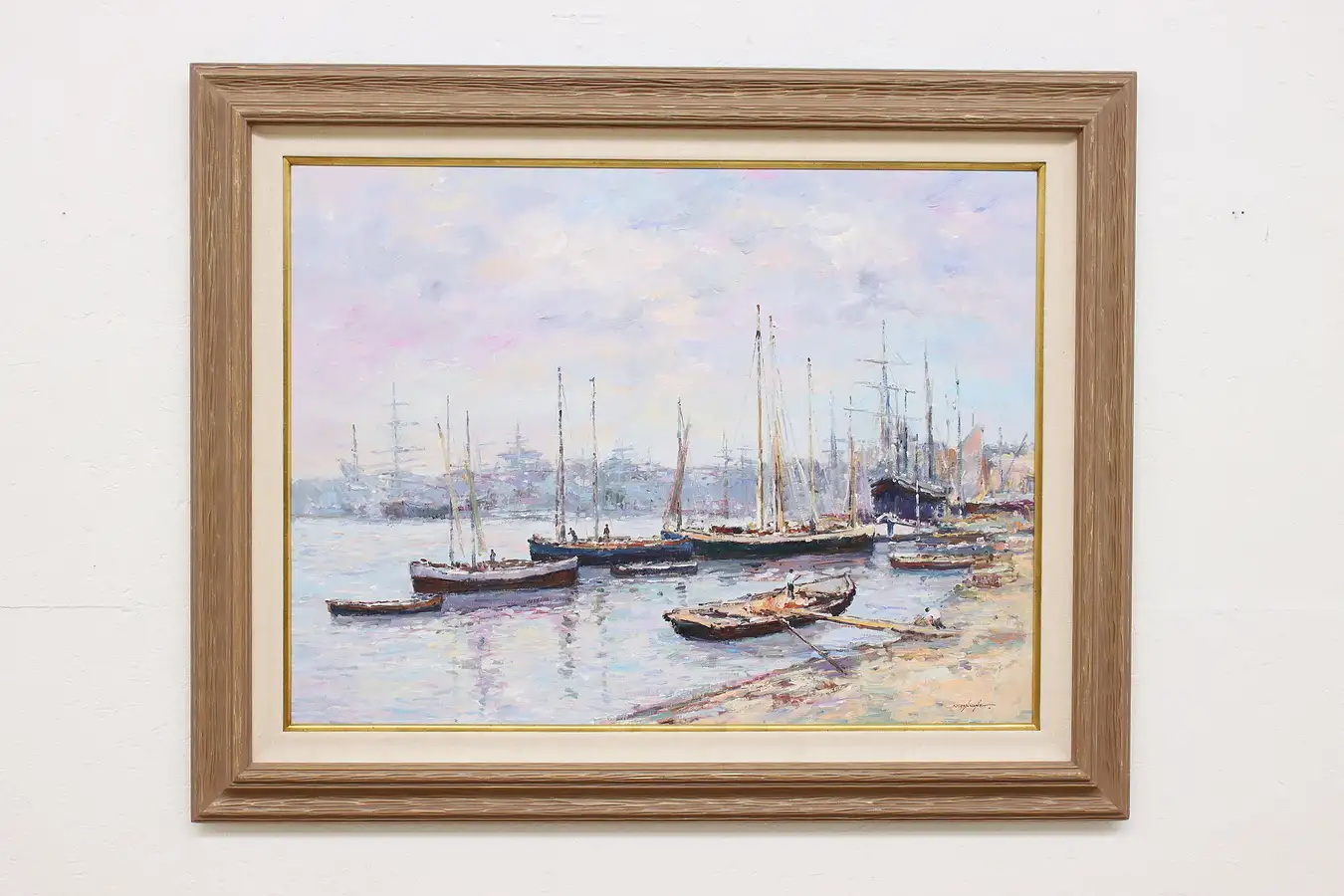 Main image of Harbor Boatyard Vintage Original Oil Painting Ganionet 50.5"
