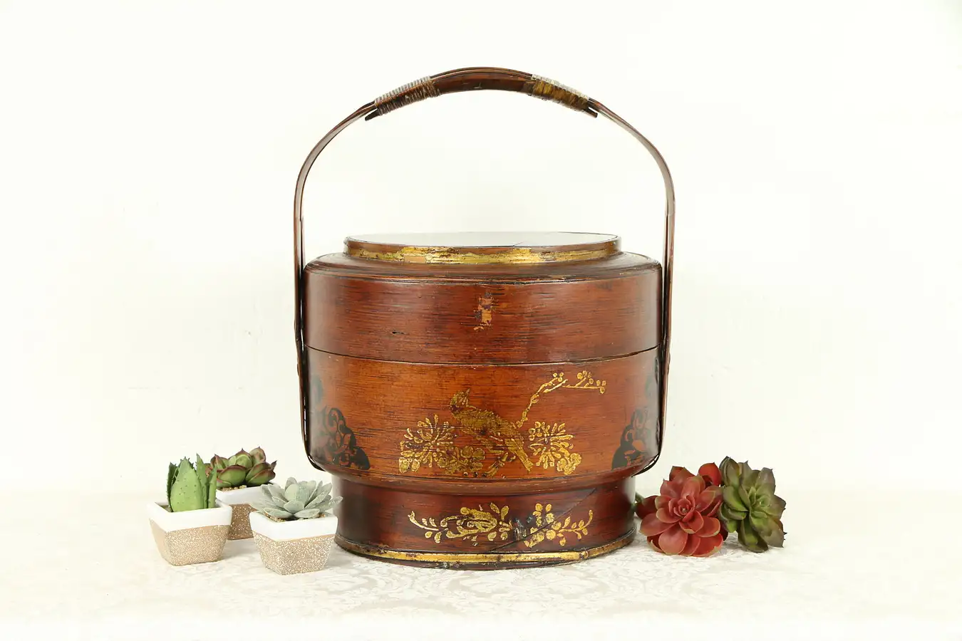 Main image of Japanese Antique 16" Food Carrier or Picnic Basket, Hand Painted