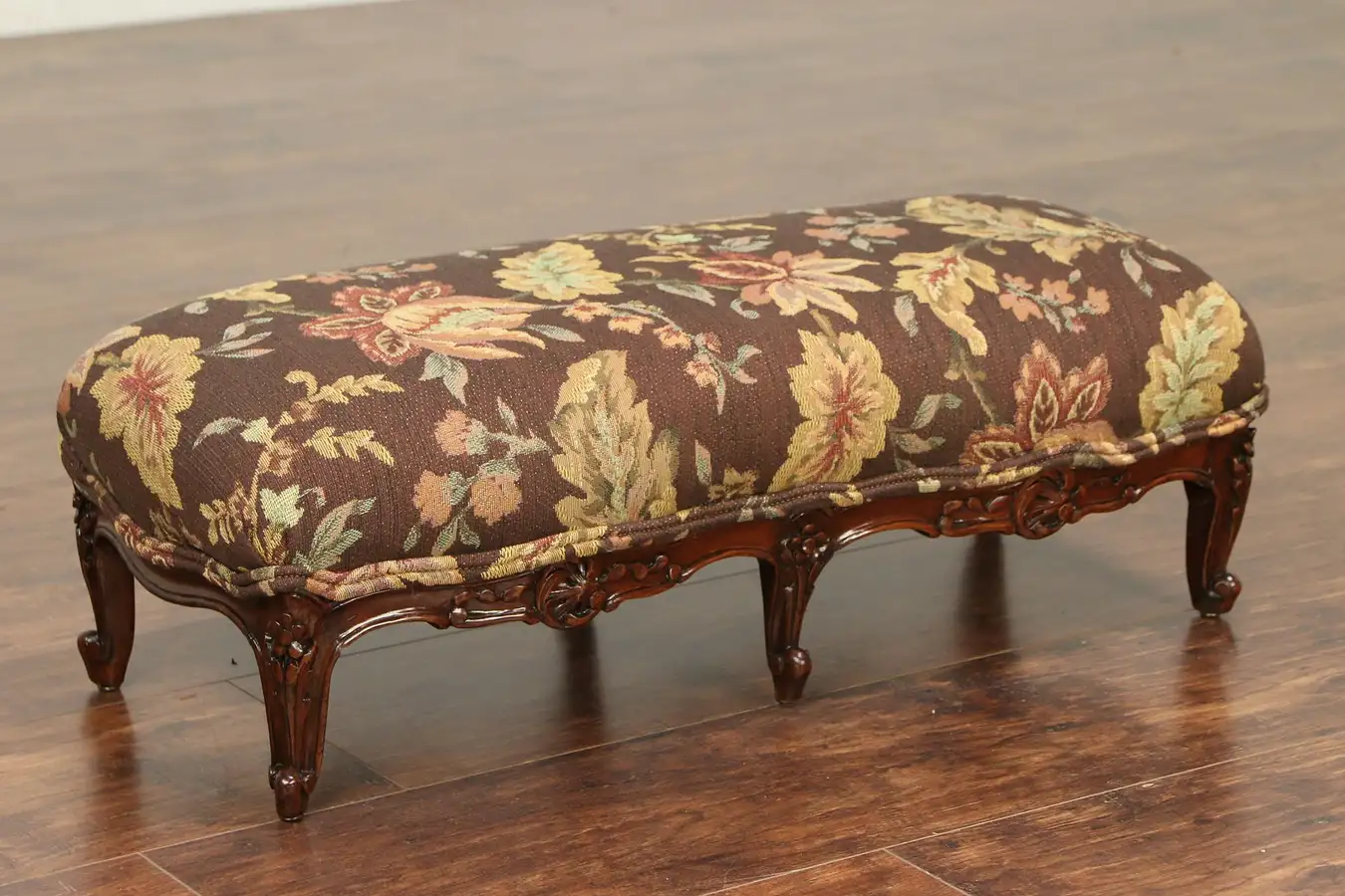 Main image of Hand Carved Antique Footstool, New Upholstery, Signed Colby