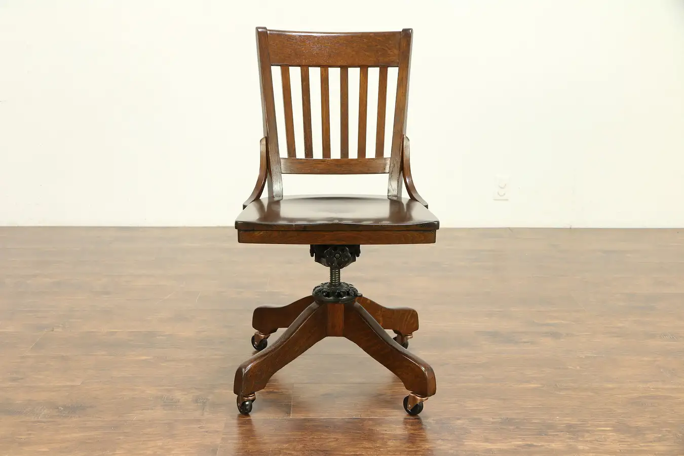 Main image of Oak Antique Swivel Adjustable Desk Chair, Dated 1928, Signed Milwaukee