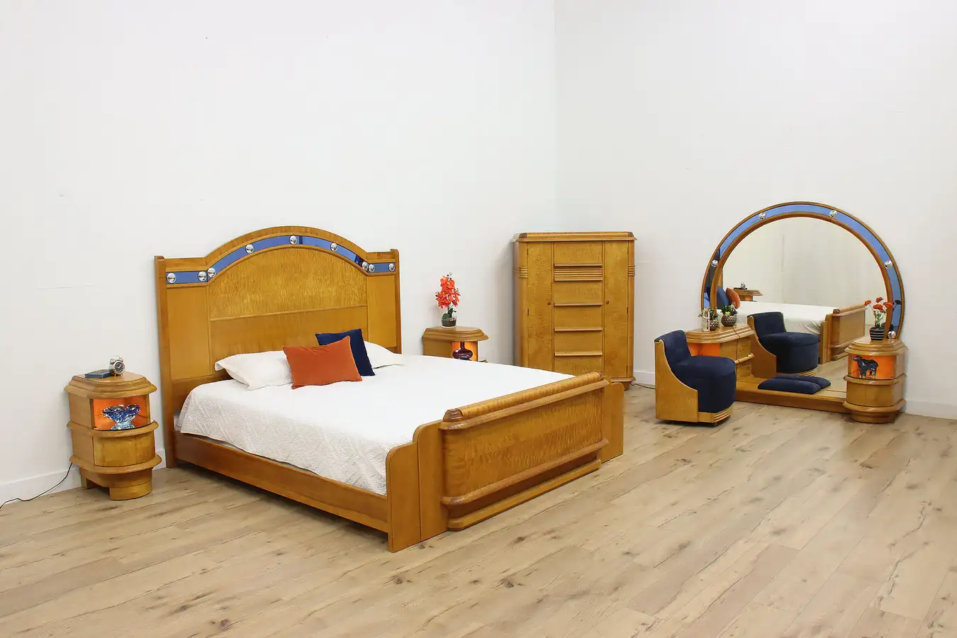 Main image of Art Deco Ocean Liner Vintage King Bedroom Set, Blue Glass