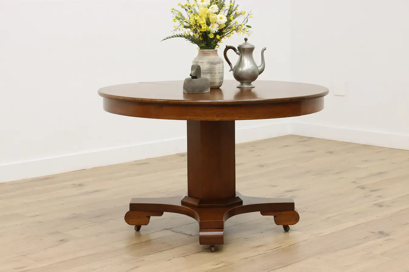 Main image of Round 47" Oak Empire Antique Dining Table 3 Leaves Opens 9'